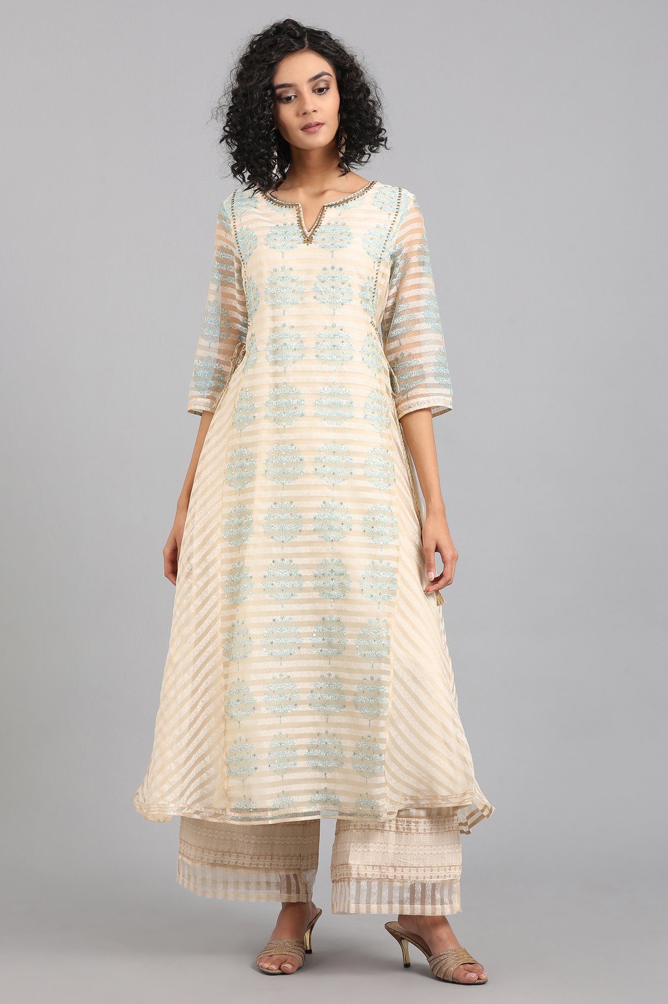 Beige Round Neck Printed Flared kurta
