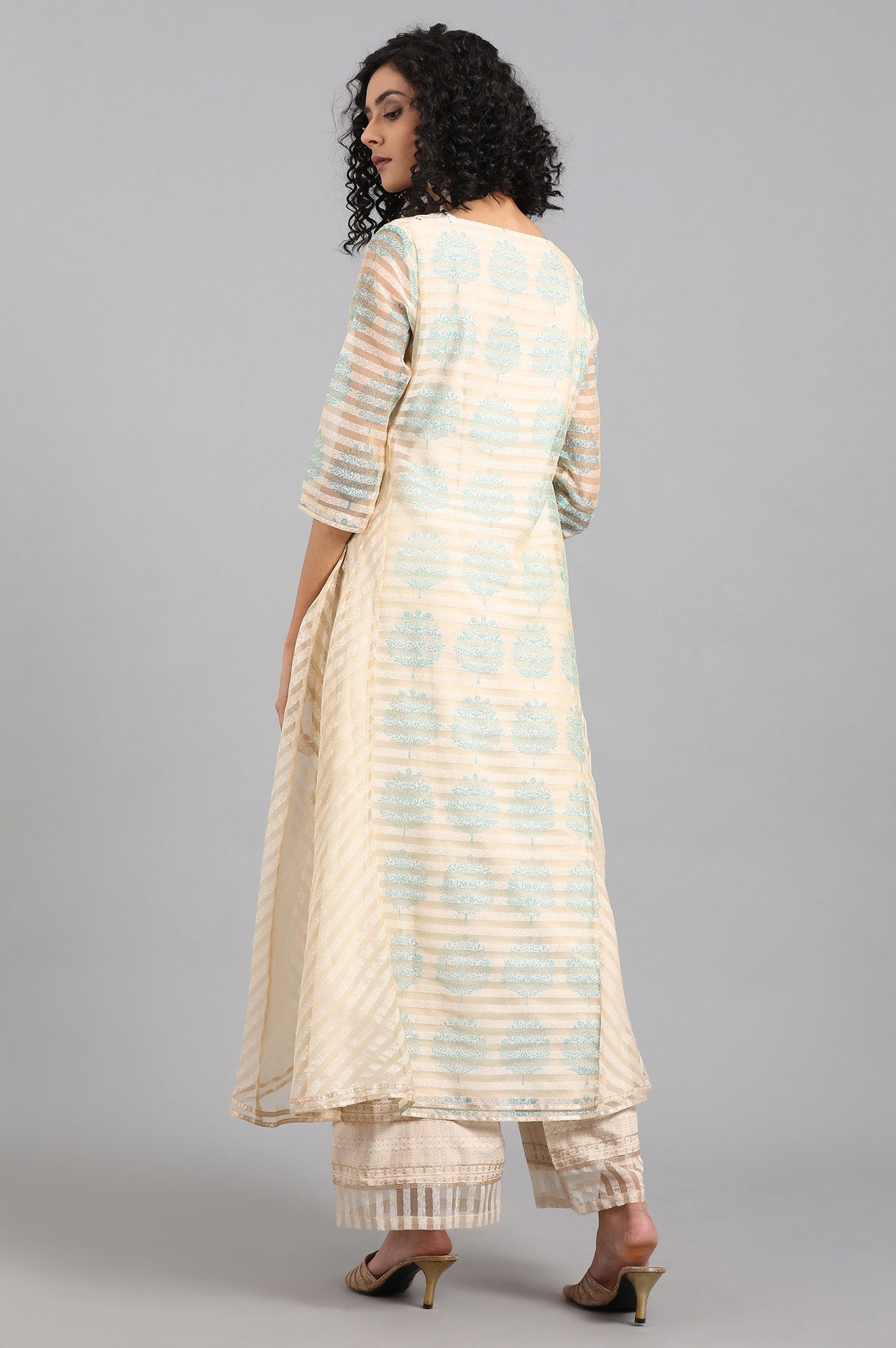 Beige Round Neck Printed Flared kurta