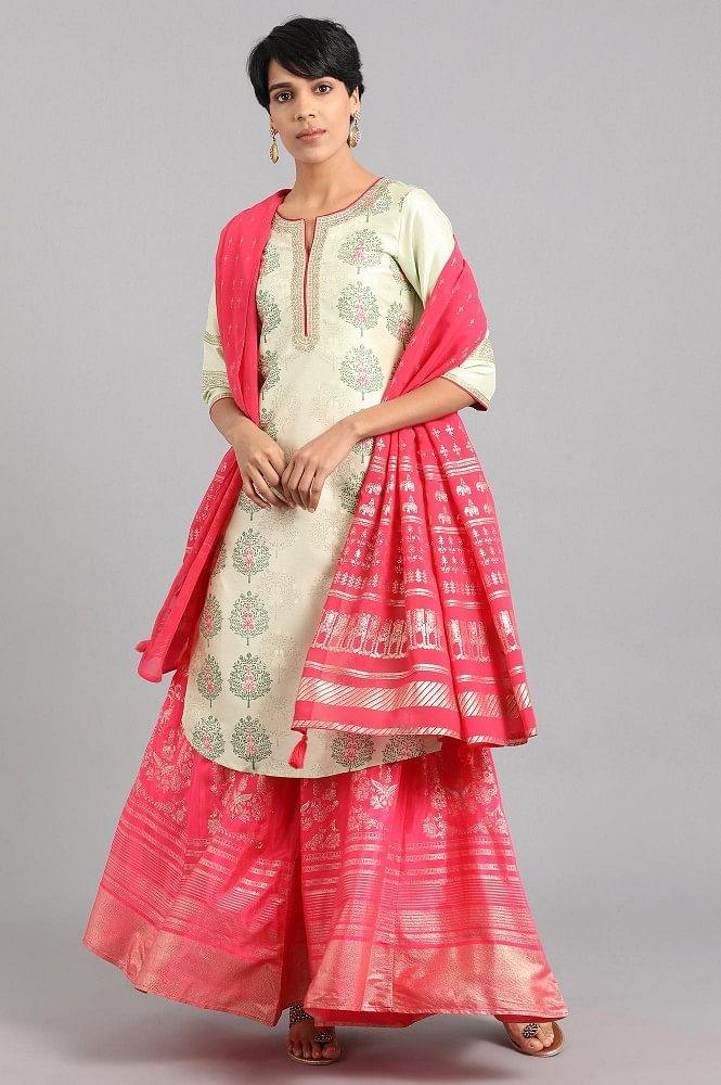 Beige & Green Round Neck Printed kurta - wforwoman