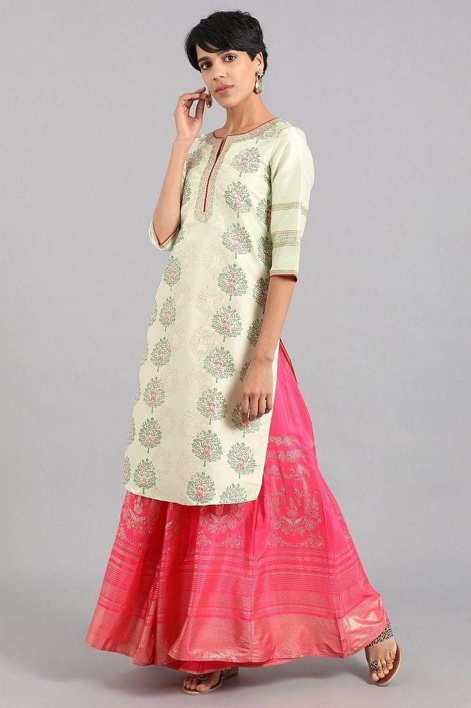Beige & Green Round Neck Printed kurta - wforwoman