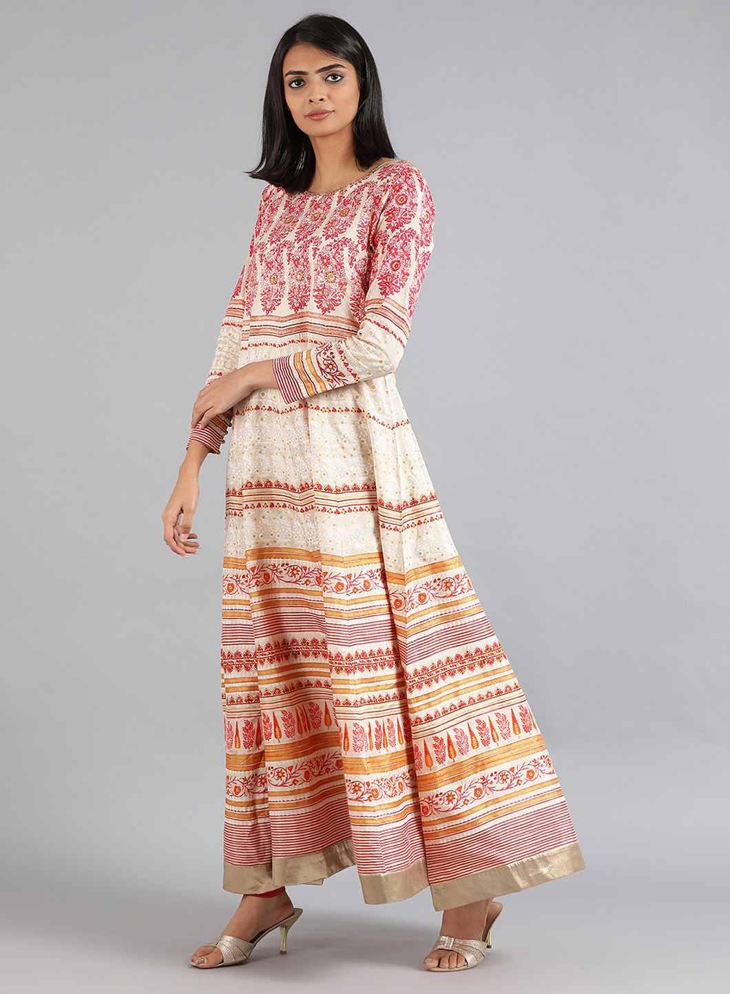 Off-White & Pink Khadi Print kurta - wforwoman