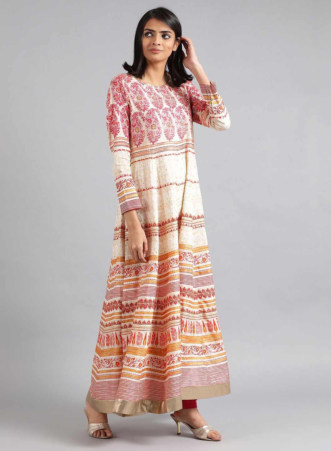 Off-White & Pink Khadi Print kurta - wforwoman