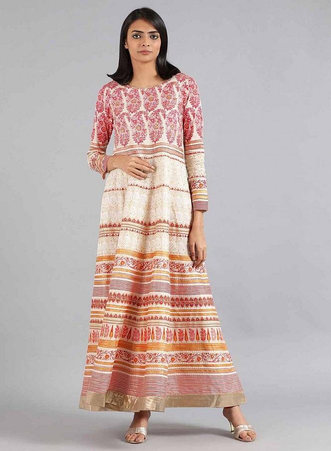 Off-White & Pink Khadi Print kurta - wforwoman