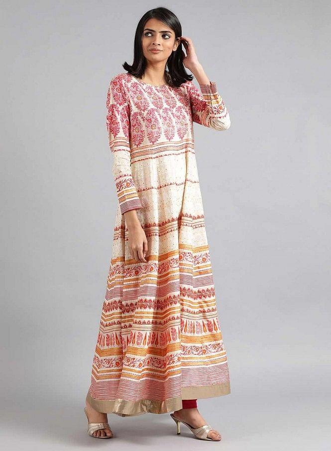 Off-White & Pink Khadi Print kurta - wforwoman