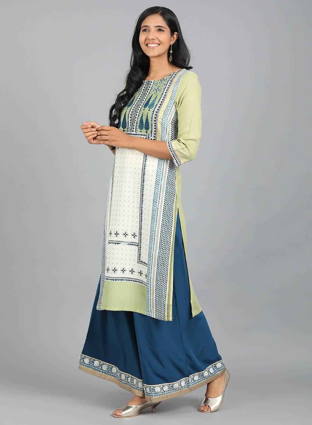 White & Green Round Neck Printed kurta - wforwoman