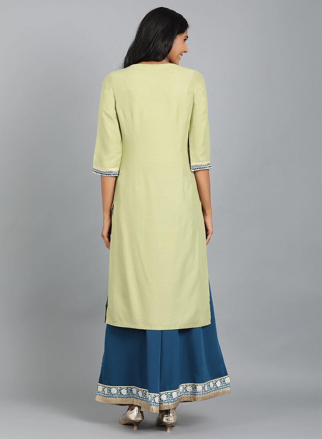 White & Green Round Neck Printed kurta - wforwoman