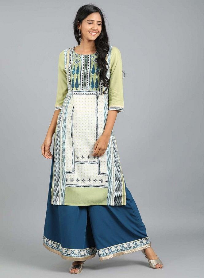 White & Green Round Neck Printed kurta - wforwoman