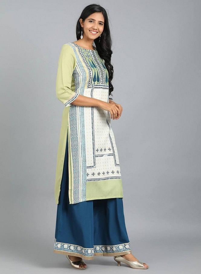 White & Green Round Neck Printed kurta - wforwoman