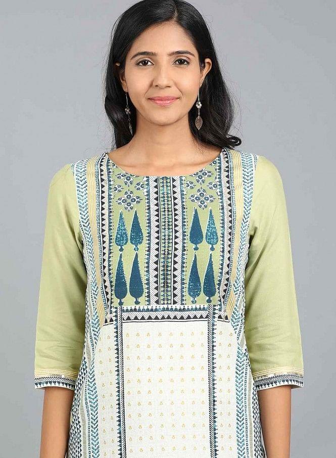 White & Green Round Neck Printed kurta - wforwoman
