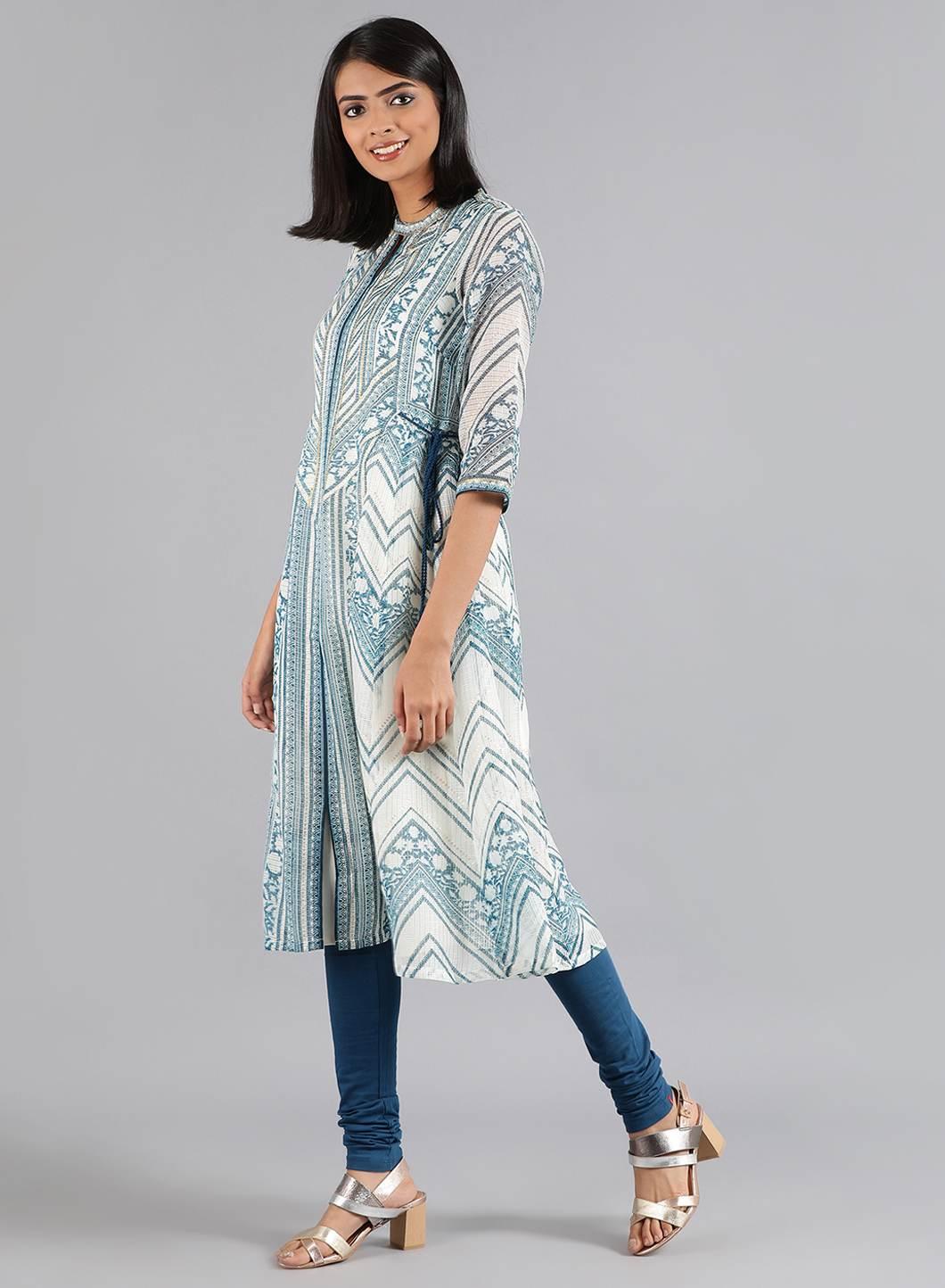 Blue & White Choker Neck Printed kurta - wforwoman