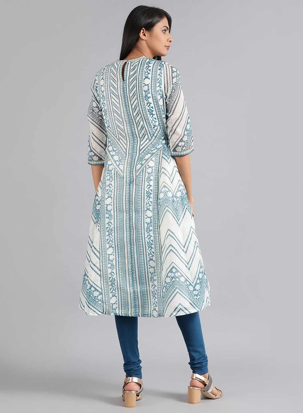 Blue & White Choker Neck Printed kurta - wforwoman