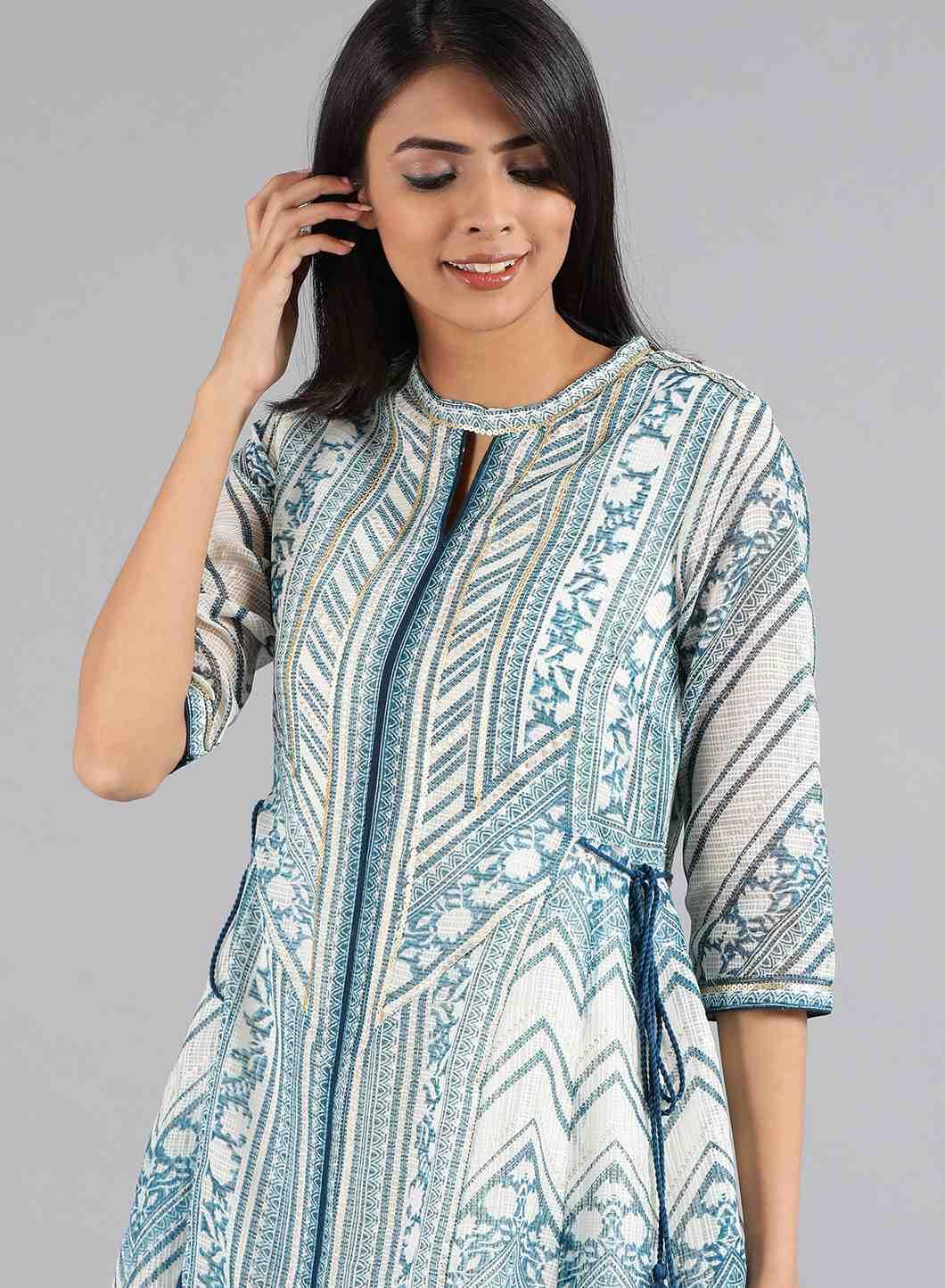 Blue & White Choker Neck Printed kurta - wforwoman