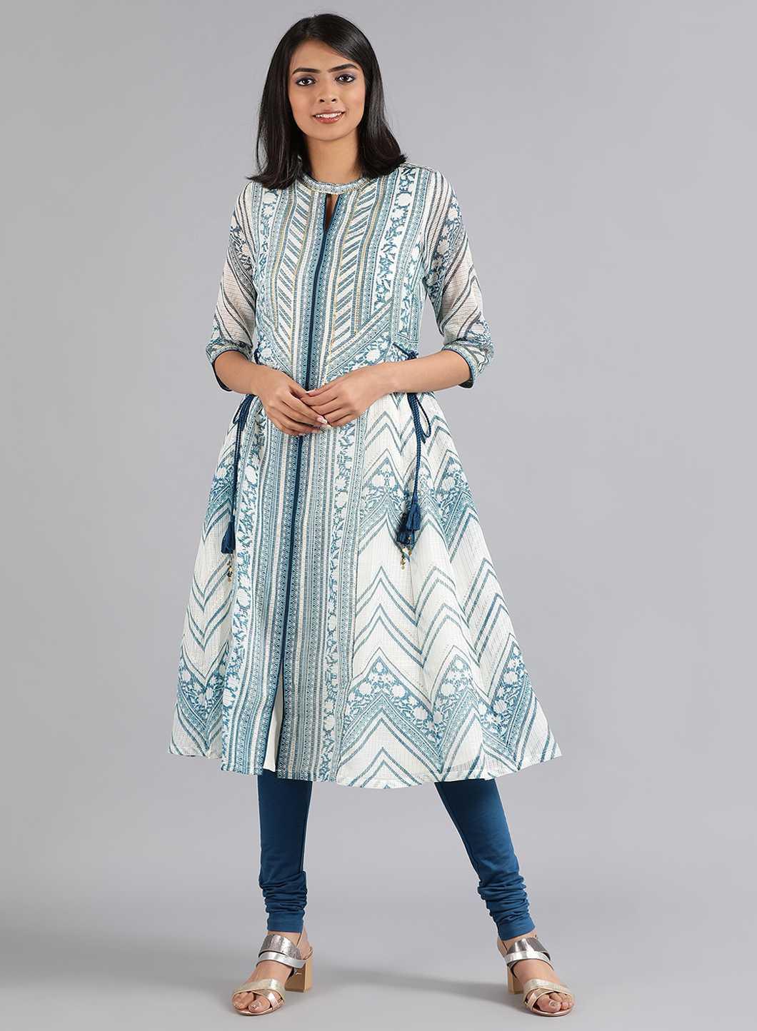 Blue & White Choker Neck Printed kurta - wforwoman