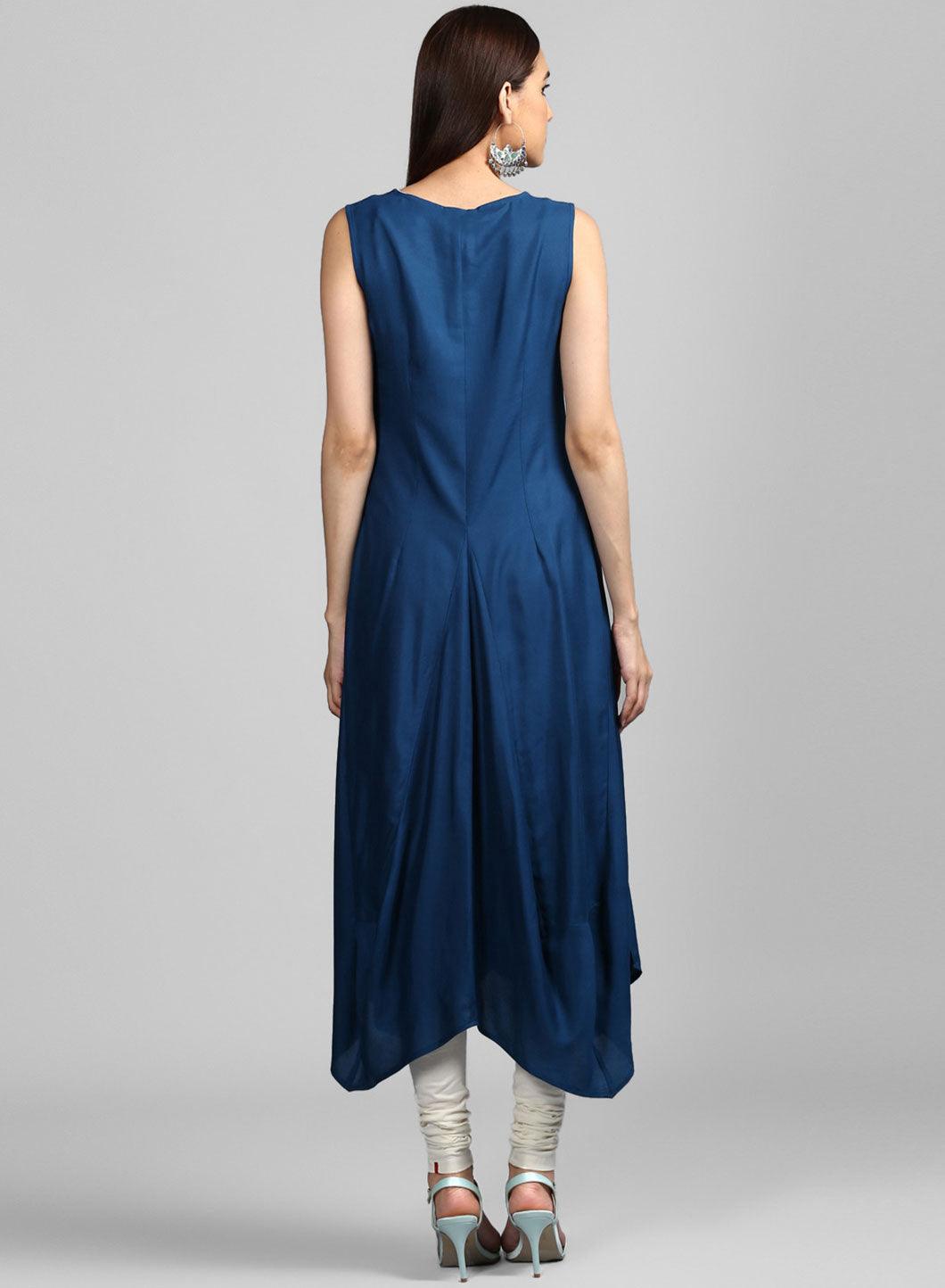 Blue Round Neck Draped Dress - wforwoman