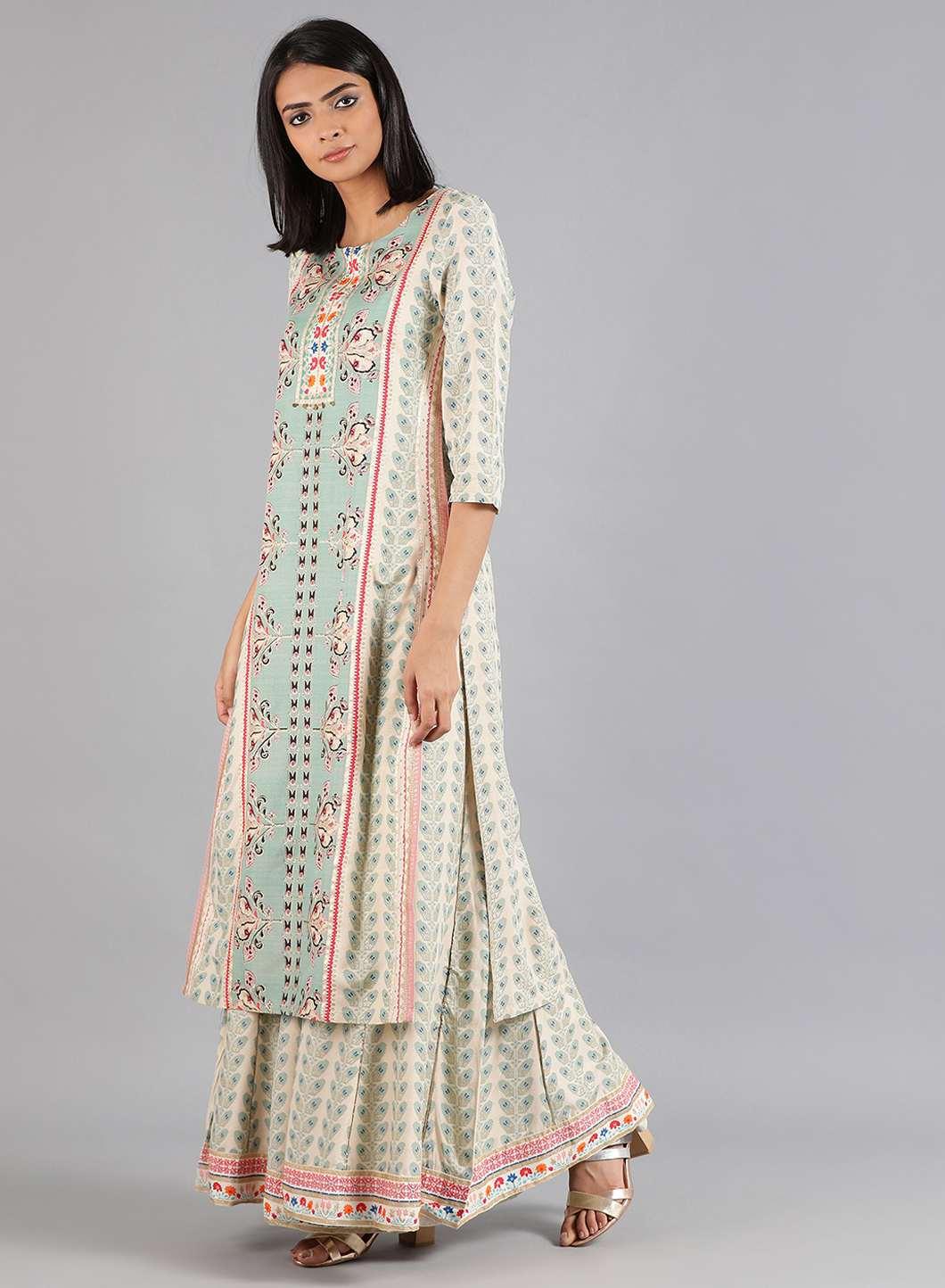 Blue & Off-White Floral Print kurta - wforwoman