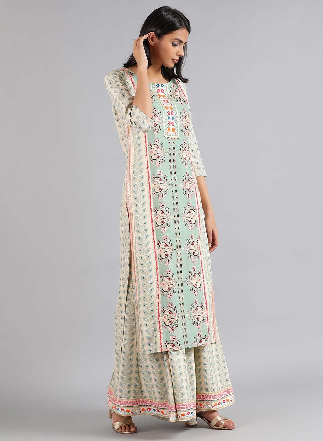 Blue & Off-White Floral Print kurta - wforwoman