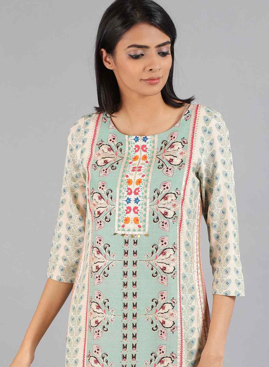 Blue & Off-White Floral Print kurta - wforwoman
