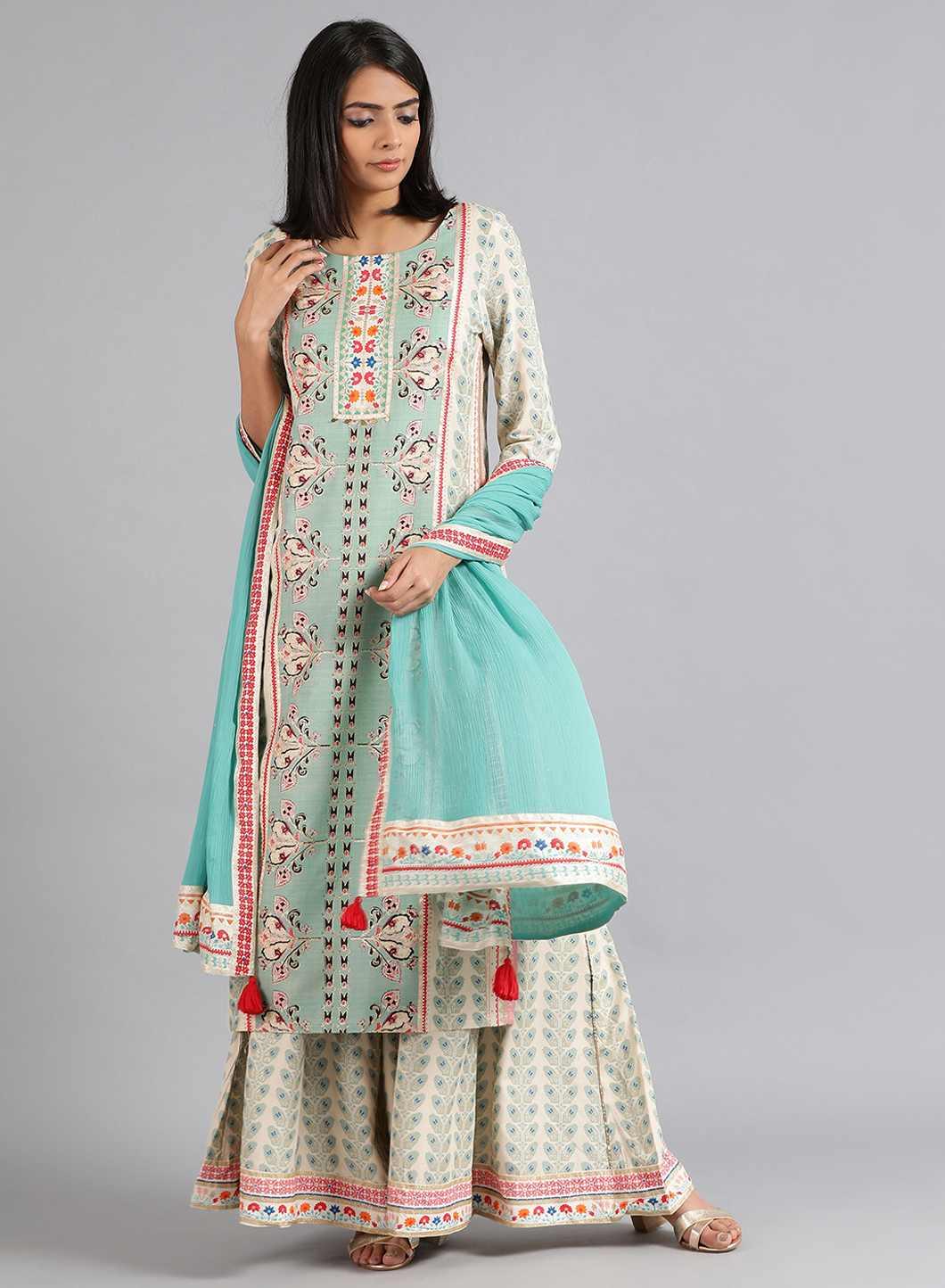 Blue & Off-White Floral Print kurta - wforwoman