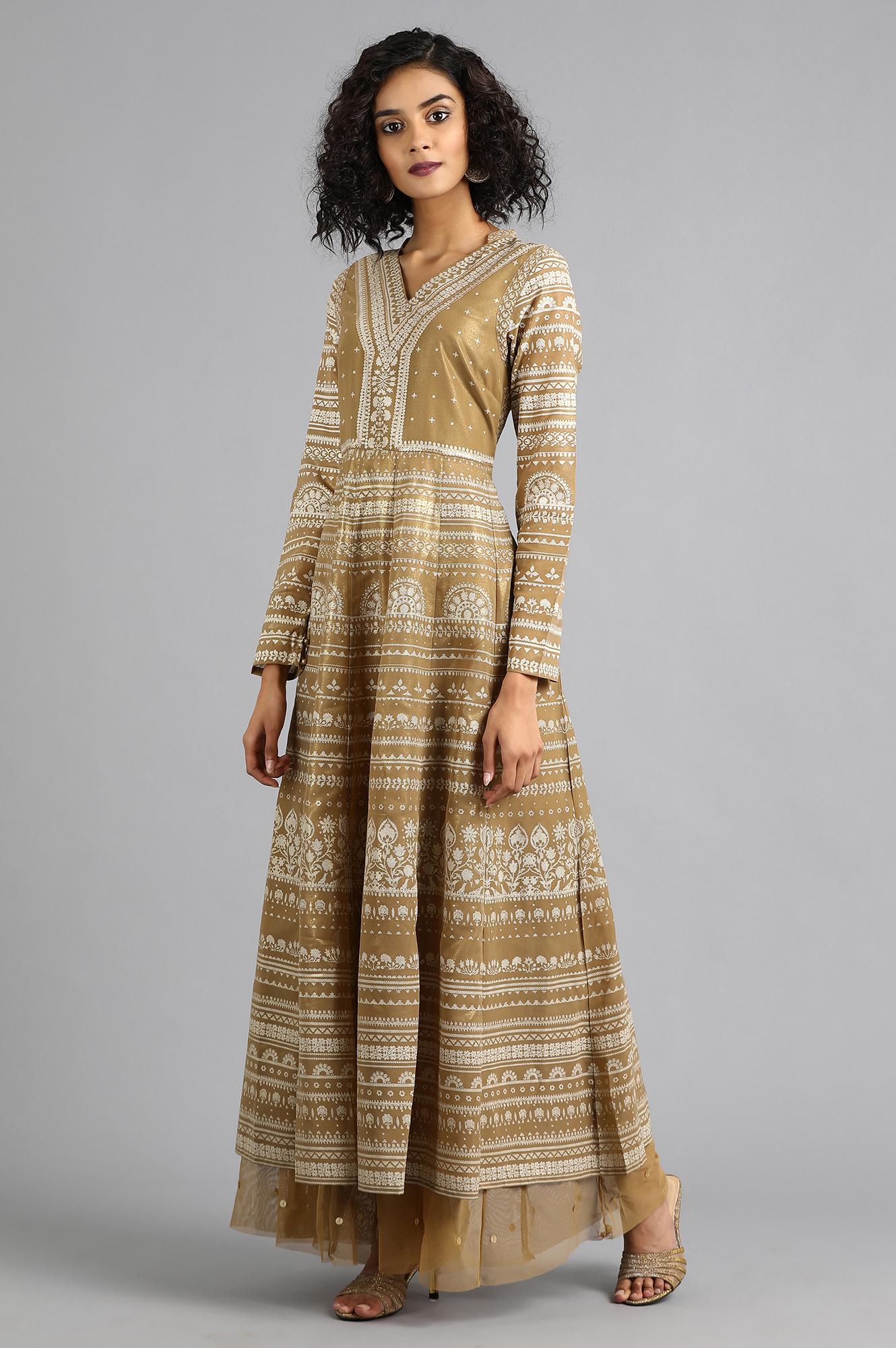 Golden V Neck Printed kurta Dress