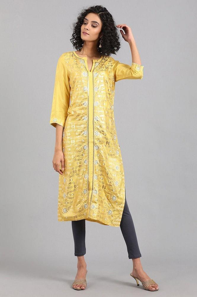 Yellow Round Neck Printed kurta - wforwoman