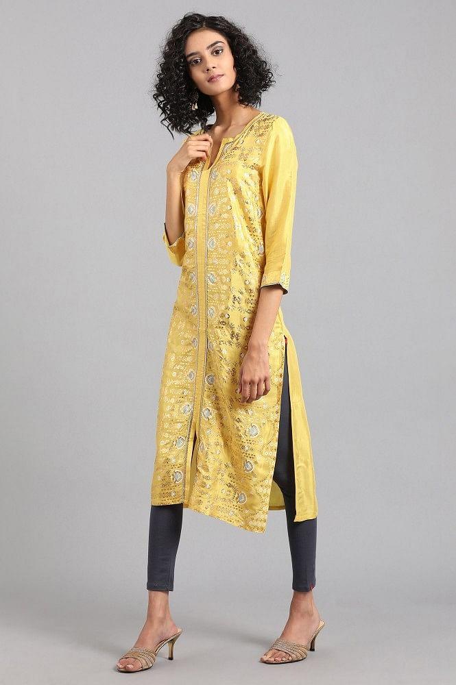 Yellow Round Neck Printed kurta - wforwoman