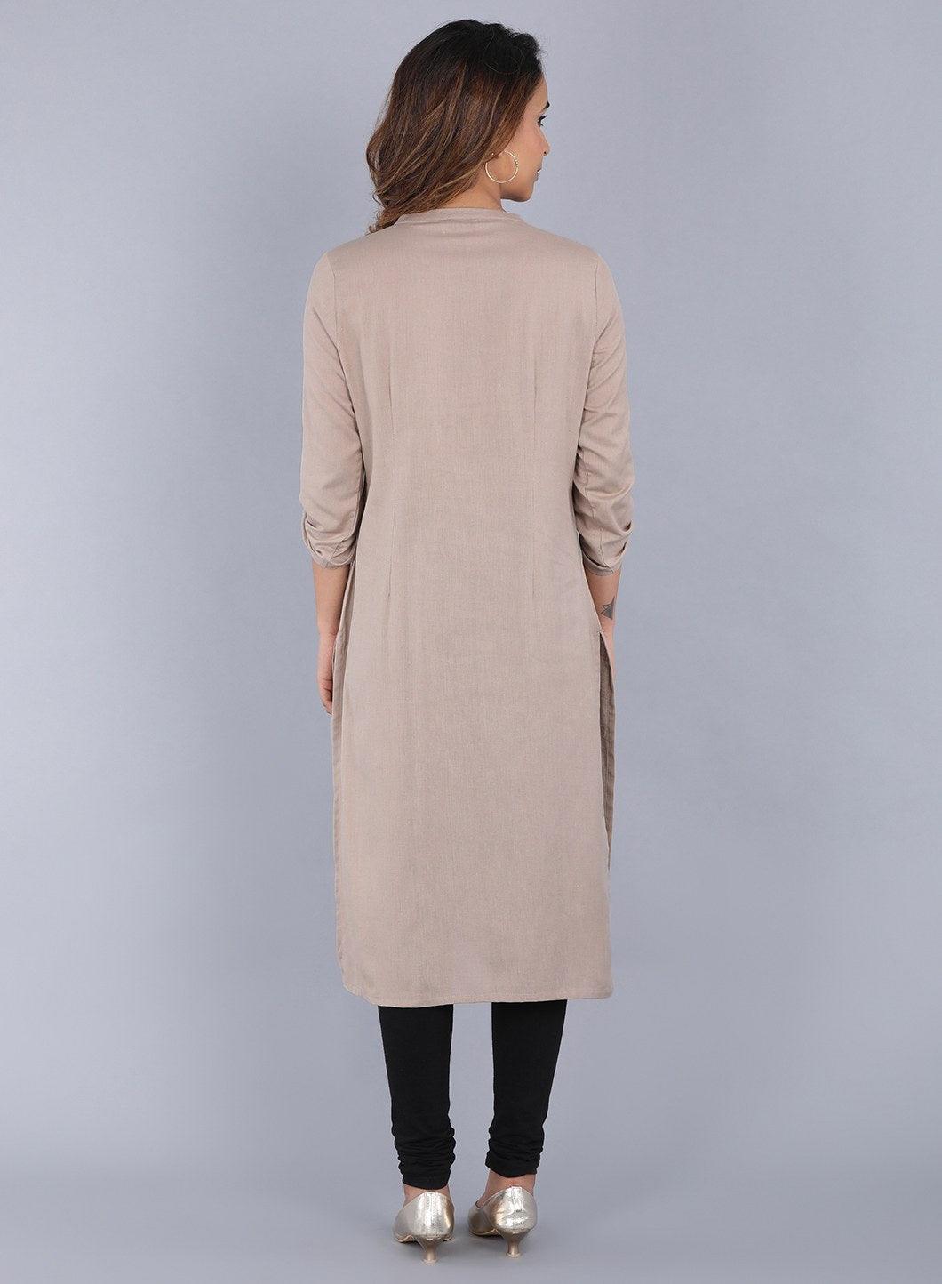 Beige Mandarin Neck kurta - wforwoman