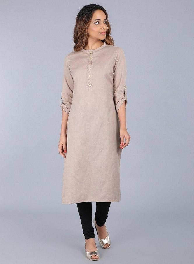 Beige Mandarin Neck kurta - wforwoman