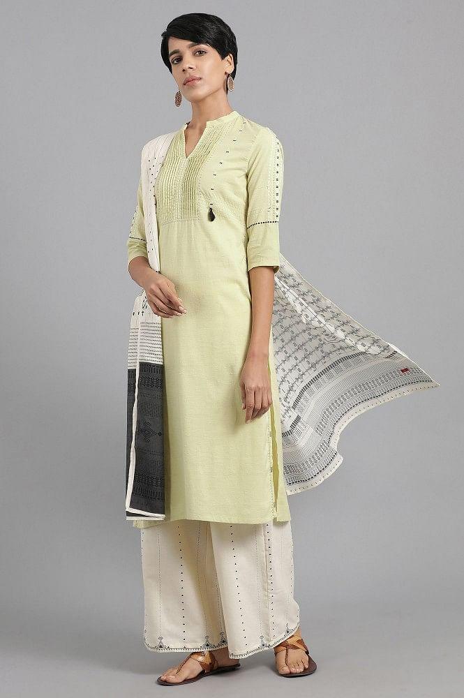 Green Mandarin Neck Solid Khadi kurta - wforwoman
