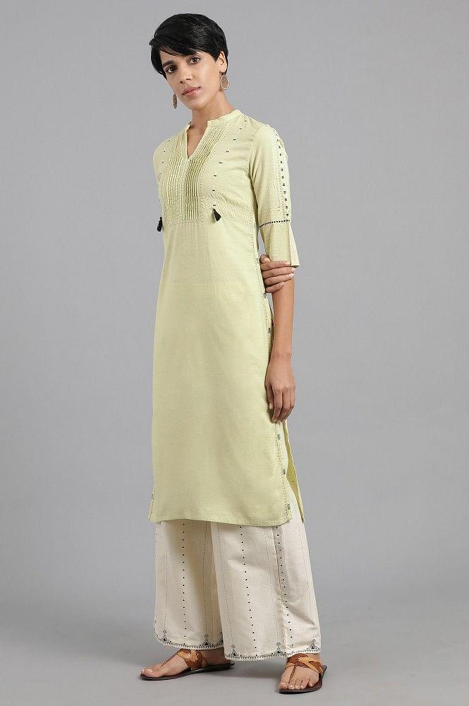 Green Mandarin Neck Solid Khadi kurta - wforwoman