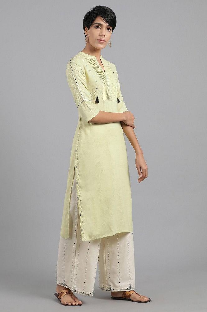 Green Mandarin Neck Solid Khadi kurta - wforwoman
