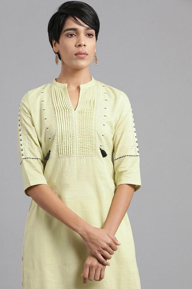 Green Mandarin Neck Solid Khadi kurta - wforwoman