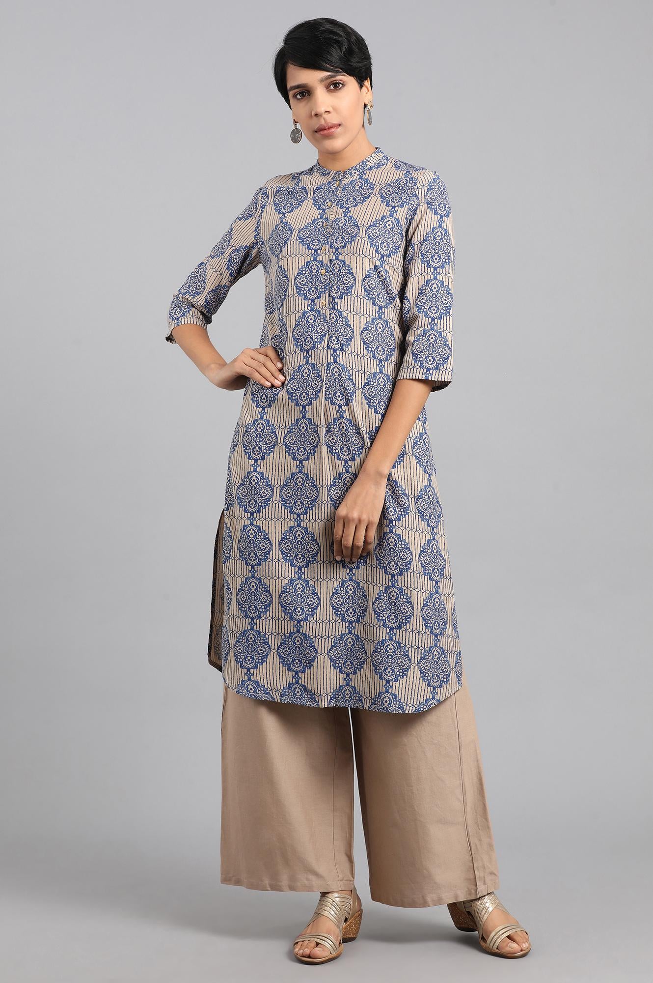 Beige Mandarin Neck Printed kurta
