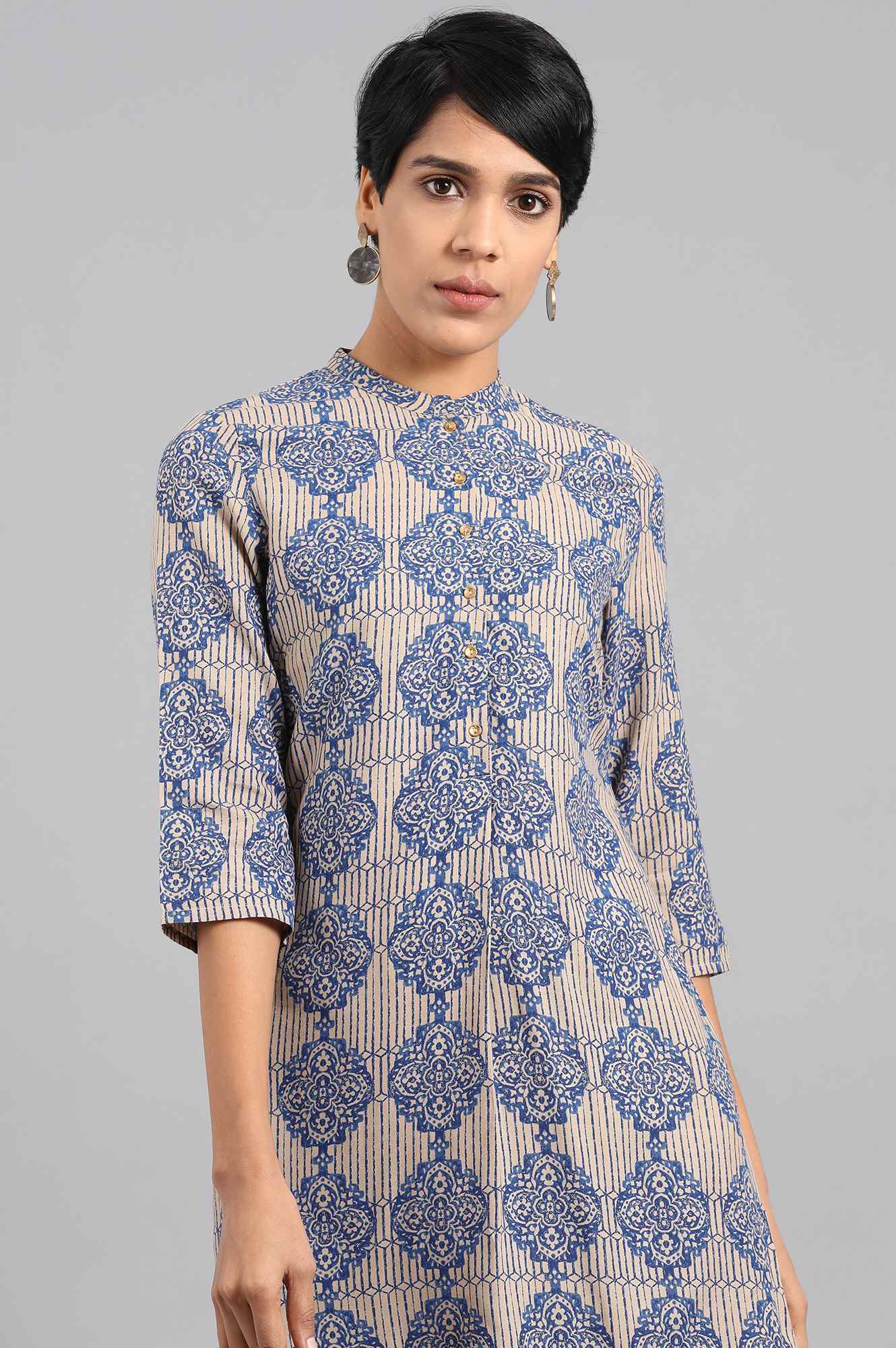 Beige Mandarin Neck Printed kurta
