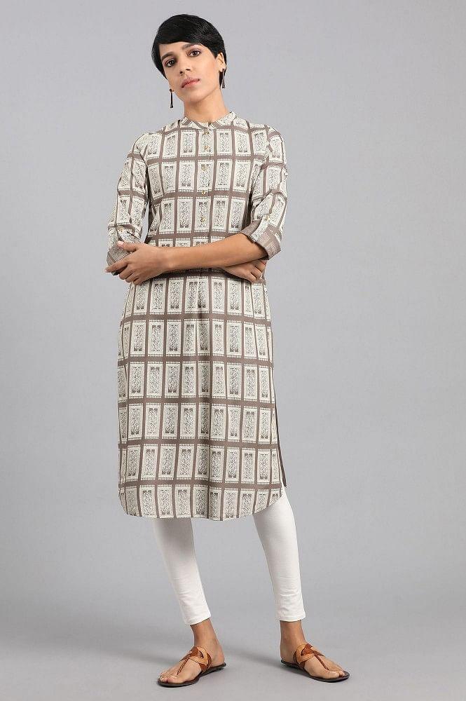 Grey Mandarin Neck Printed kurta - wforwoman