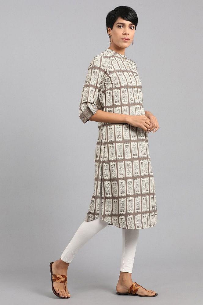 Grey Mandarin Neck Printed kurta - wforwoman