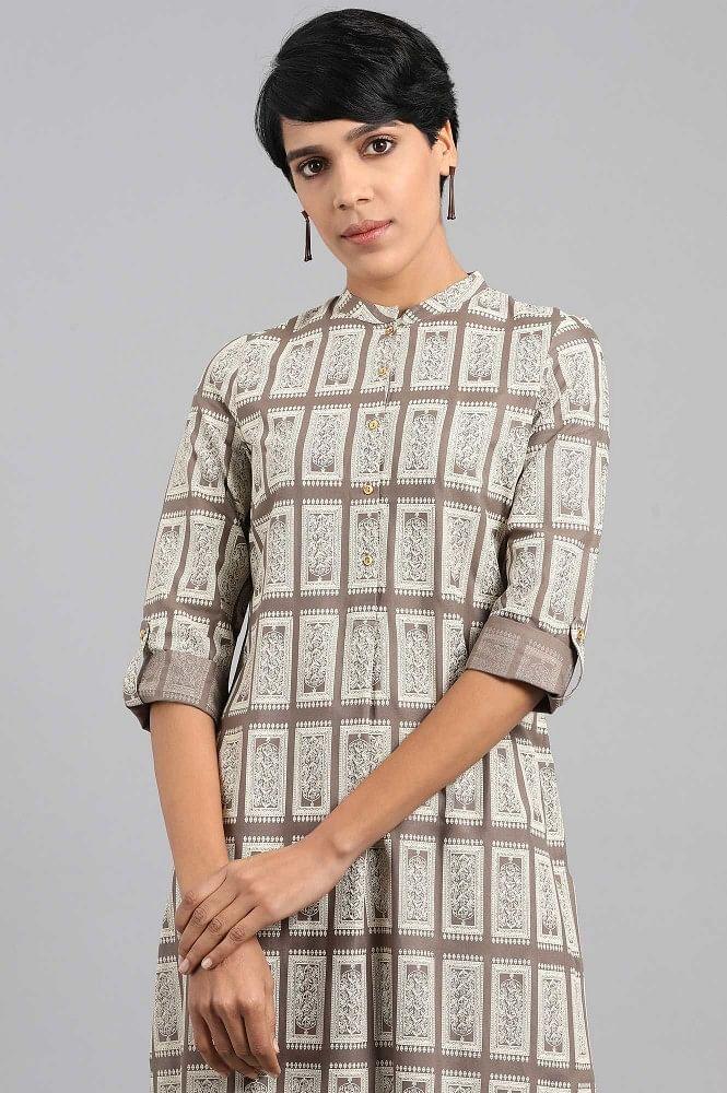 Grey Mandarin Neck Printed kurta - wforwoman