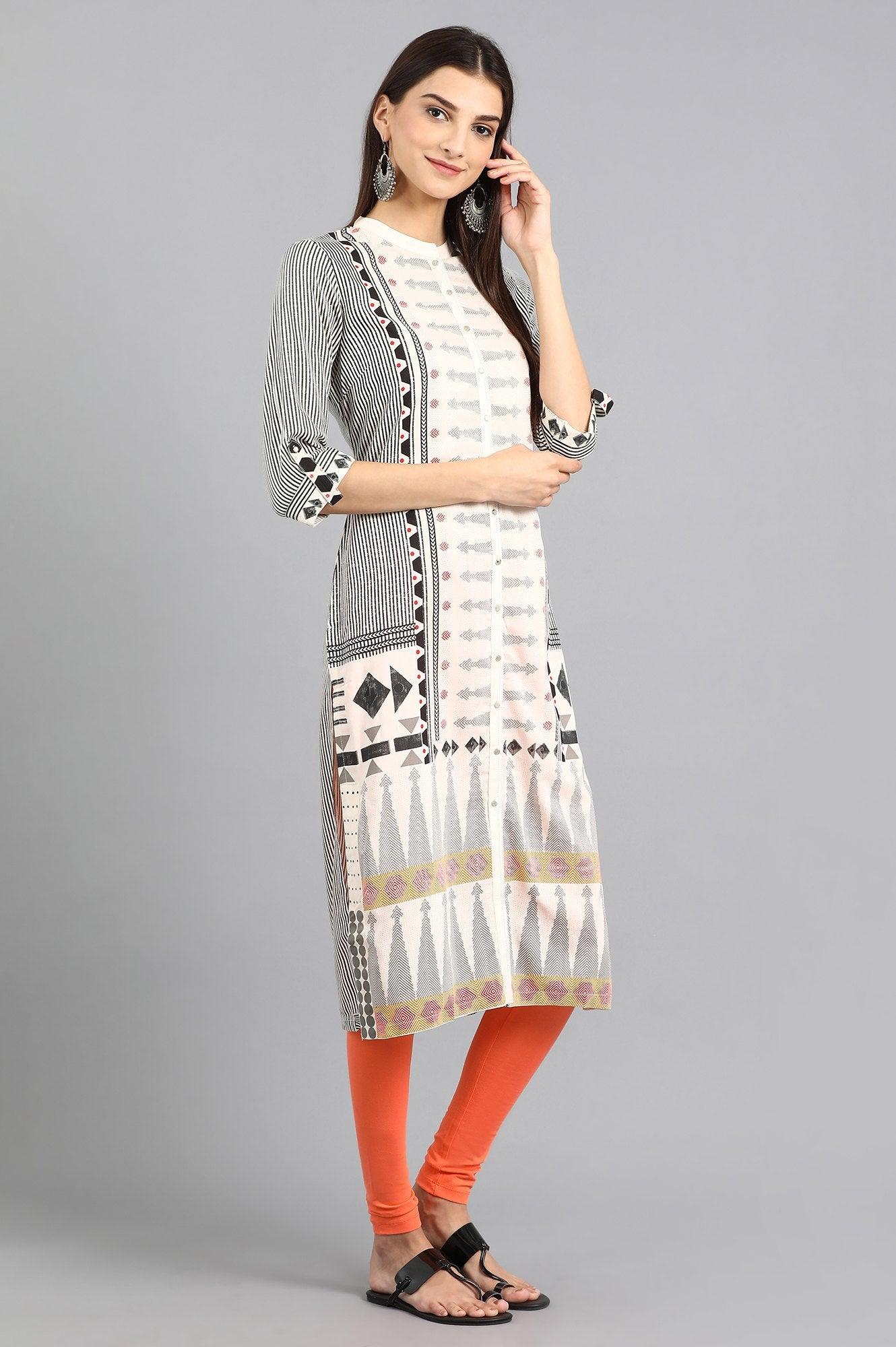 White Mandarin Neck Printed kurta - wforwoman