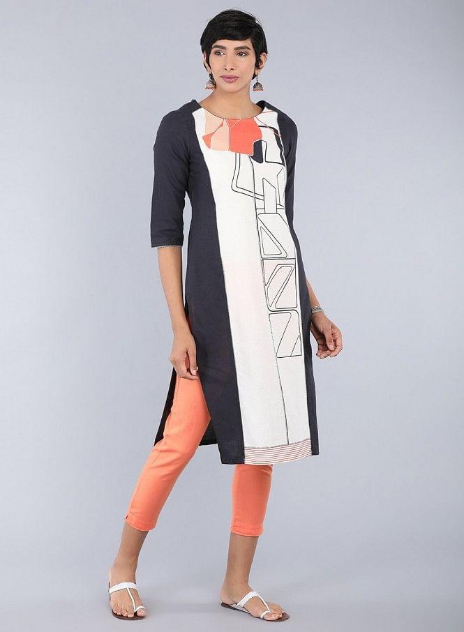 Ecru Round Neck Printed kurta - wforwoman
