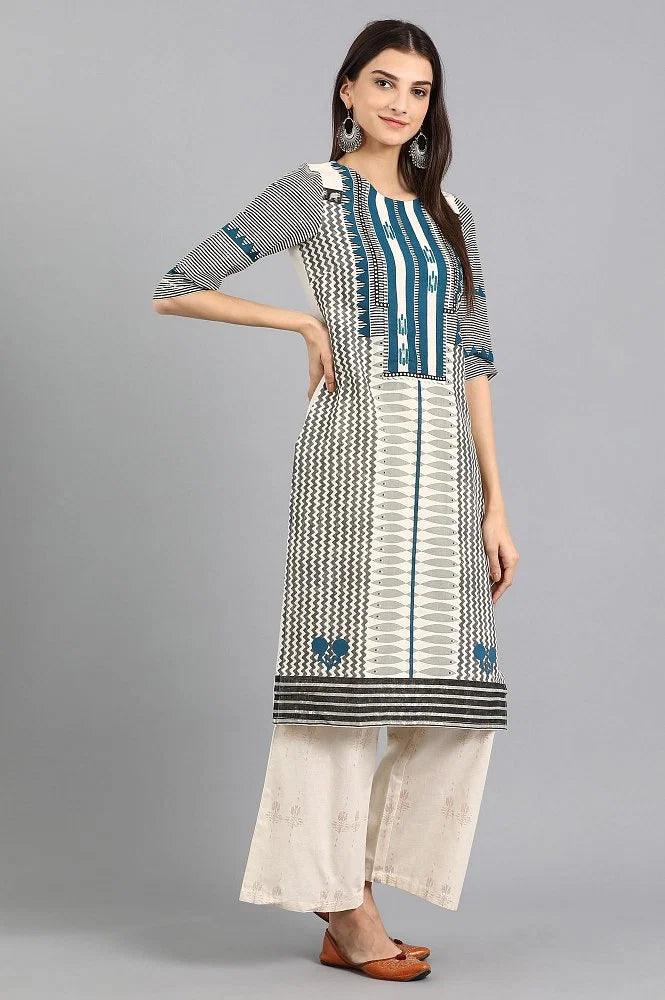 Off-White Round Neck Printed kurta - wforwoman