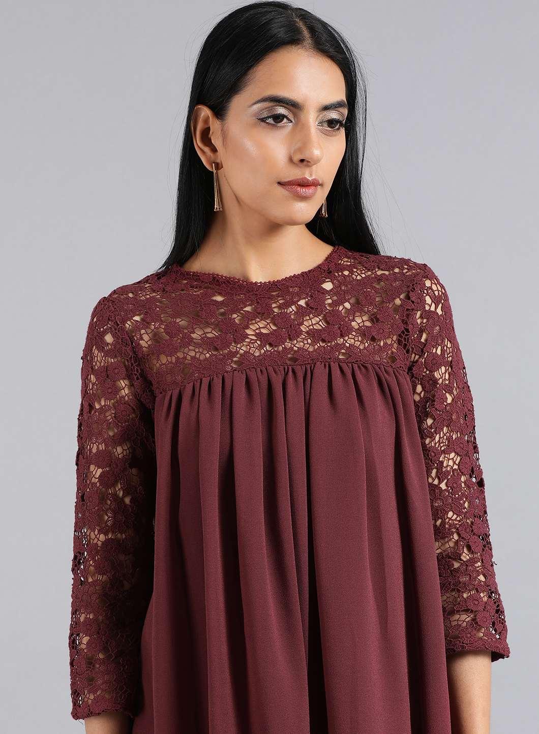 Wine Round Neck Lace Top - wforwoman