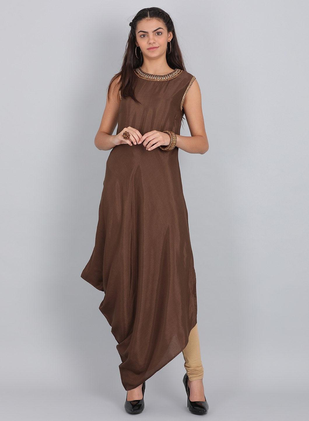 Brown Embellished Round Neck kurta - wforwoman