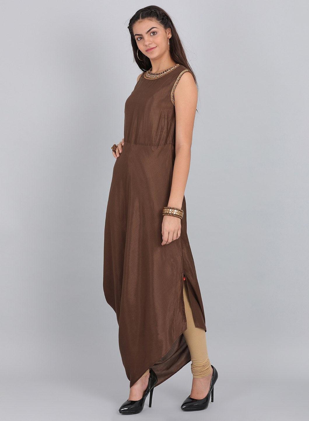 Brown Embellished Round Neck kurta - wforwoman