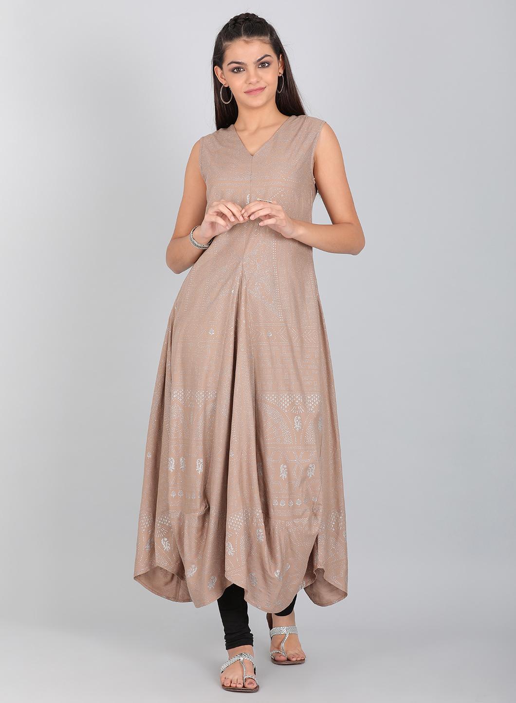 Beige V Neck Flared Hemline kurta - wforwoman