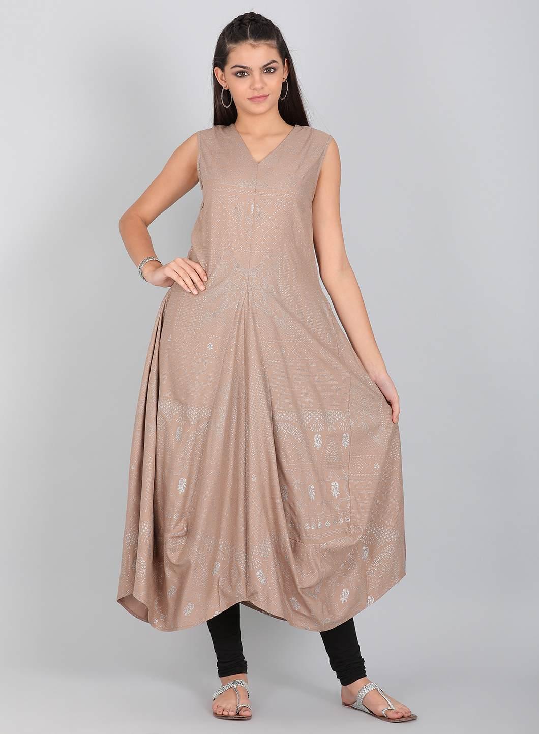 Beige V Neck Flared Hemline kurta - wforwoman