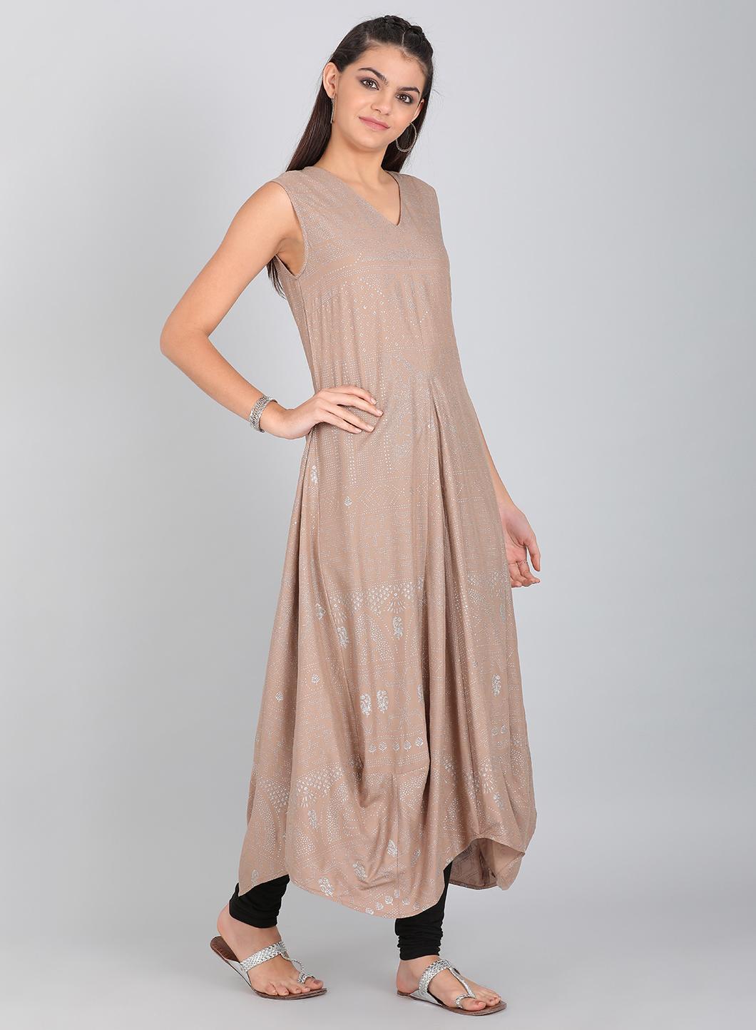 Beige V Neck Flared Hemline kurta - wforwoman