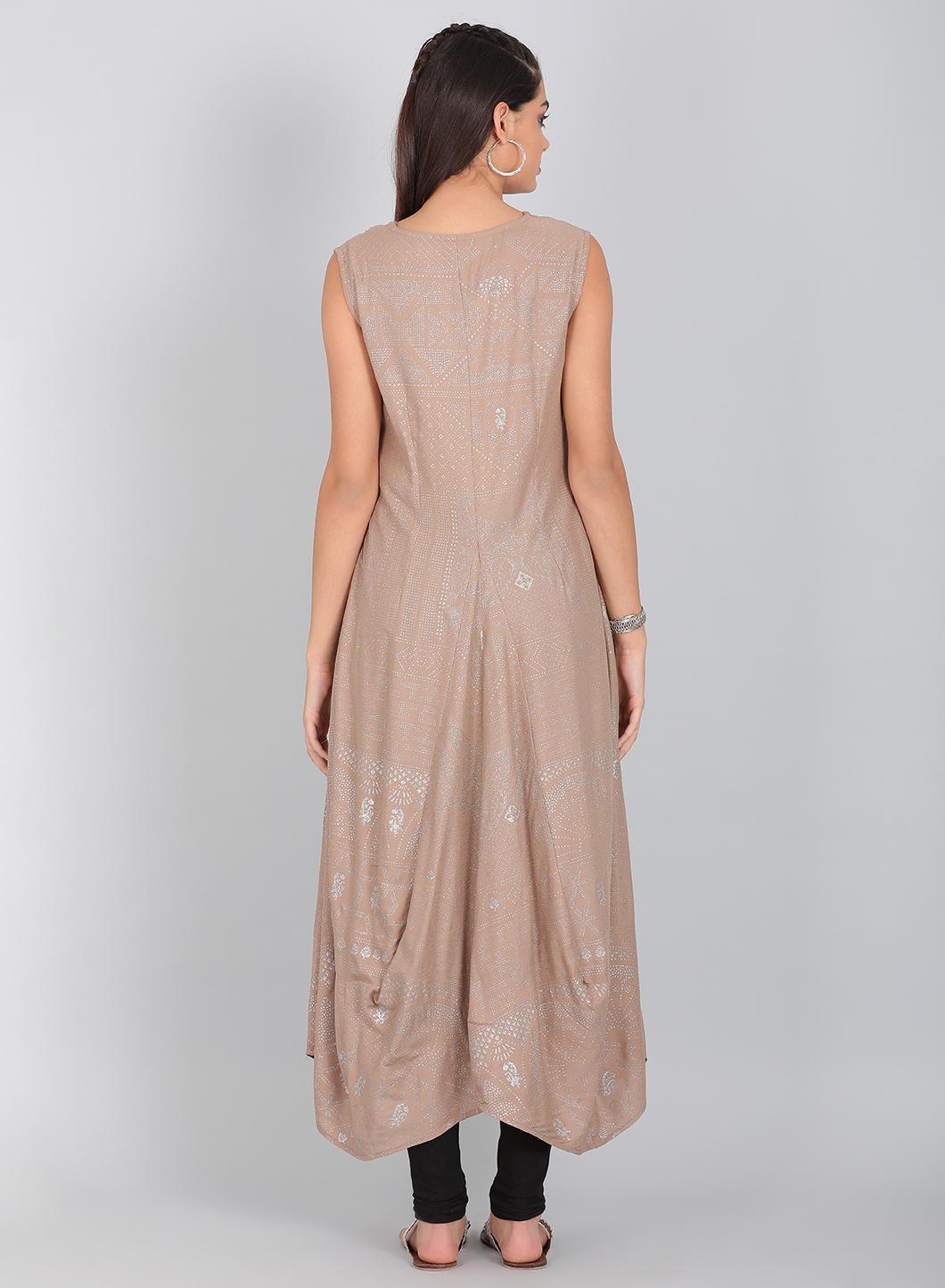 Beige V Neck Flared Hemline kurta - wforwoman