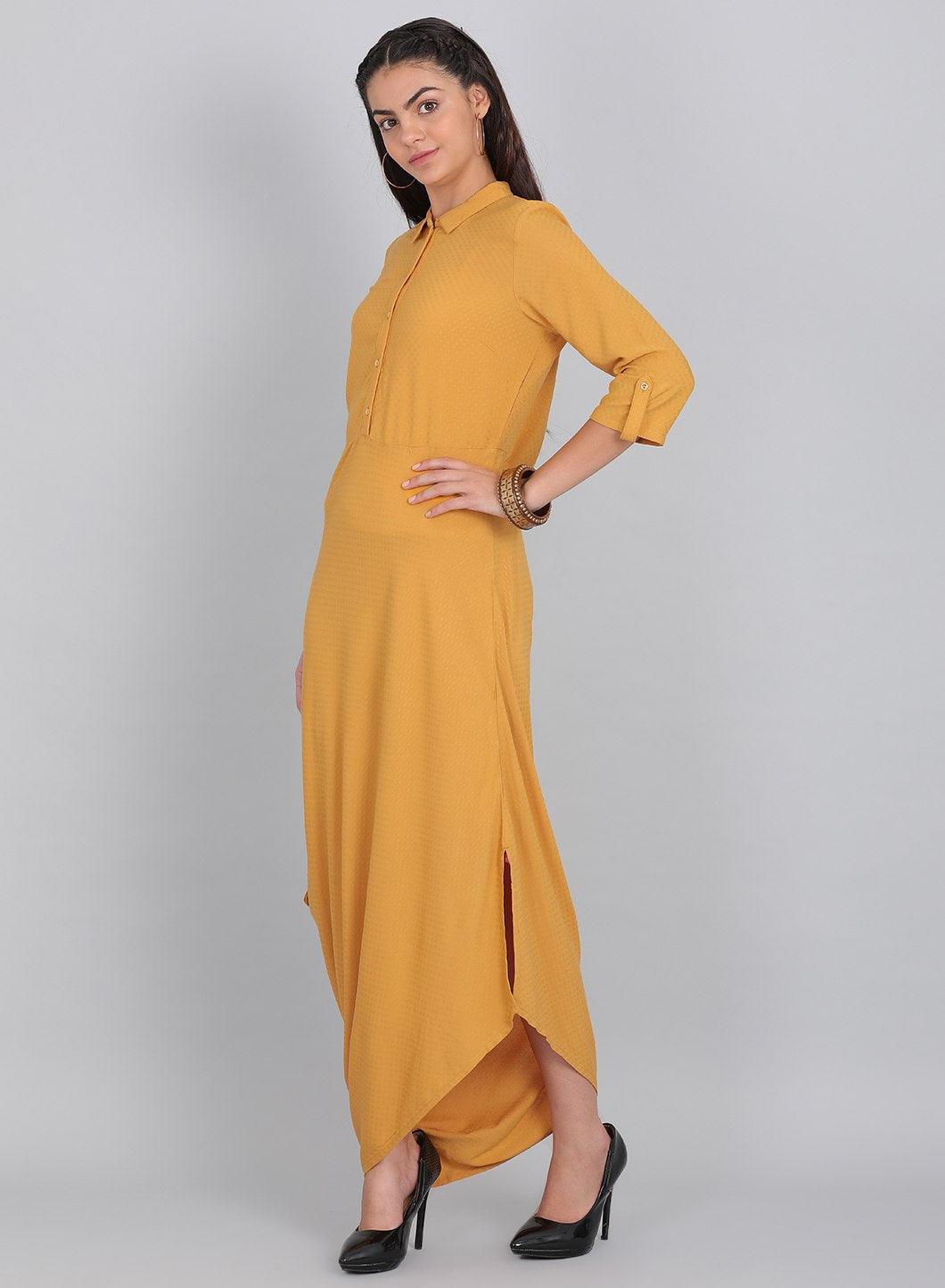 Mustard Collar Neck Solid kurta - wforwoman