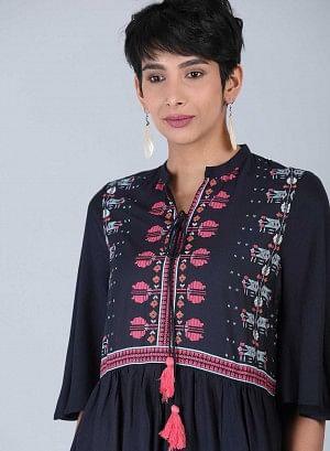 Black Mandarin Neck Tie-Up kurta - wforwoman