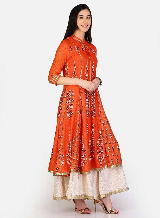 Orange Mandarin Neck Printed kurta - wforwoman