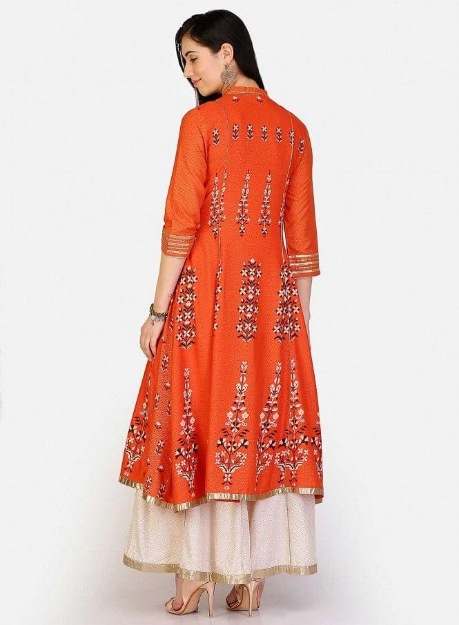 Orange Mandarin Neck Printed kurta - wforwoman